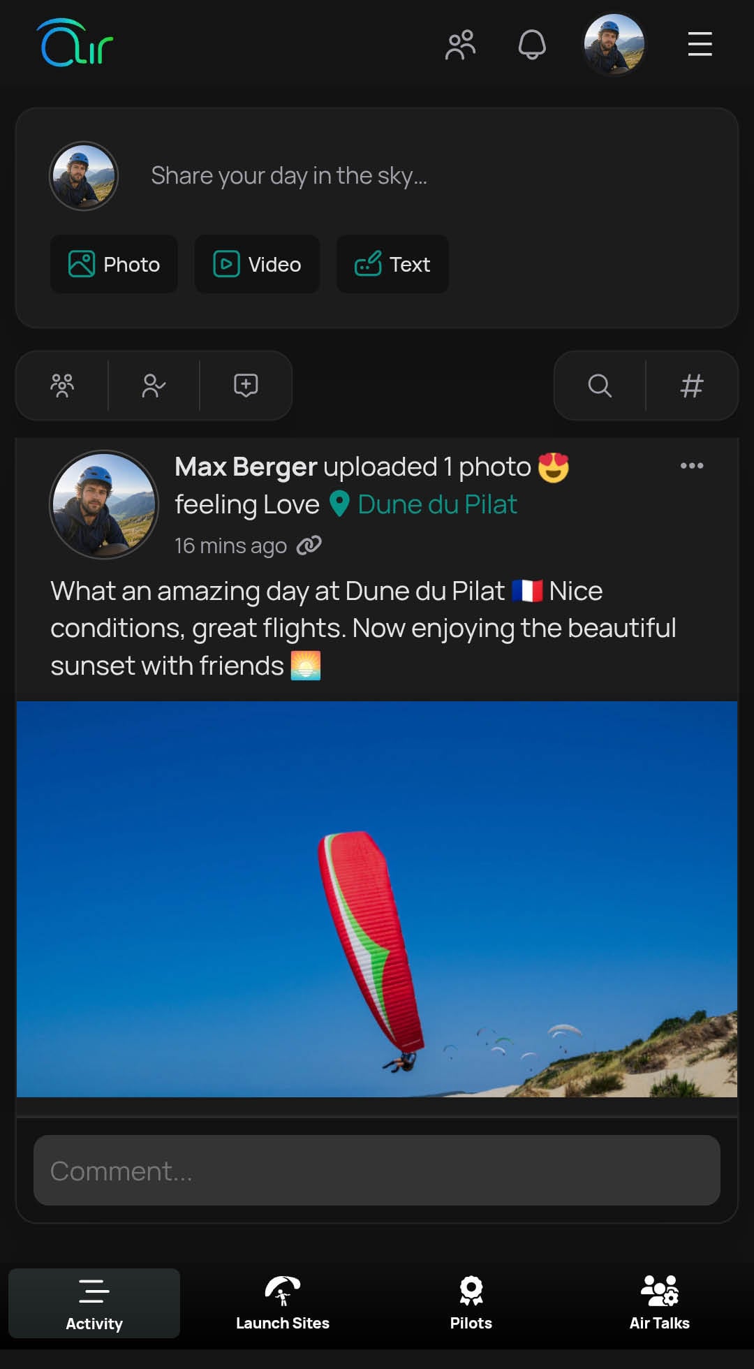 Activity Feed screen of the app