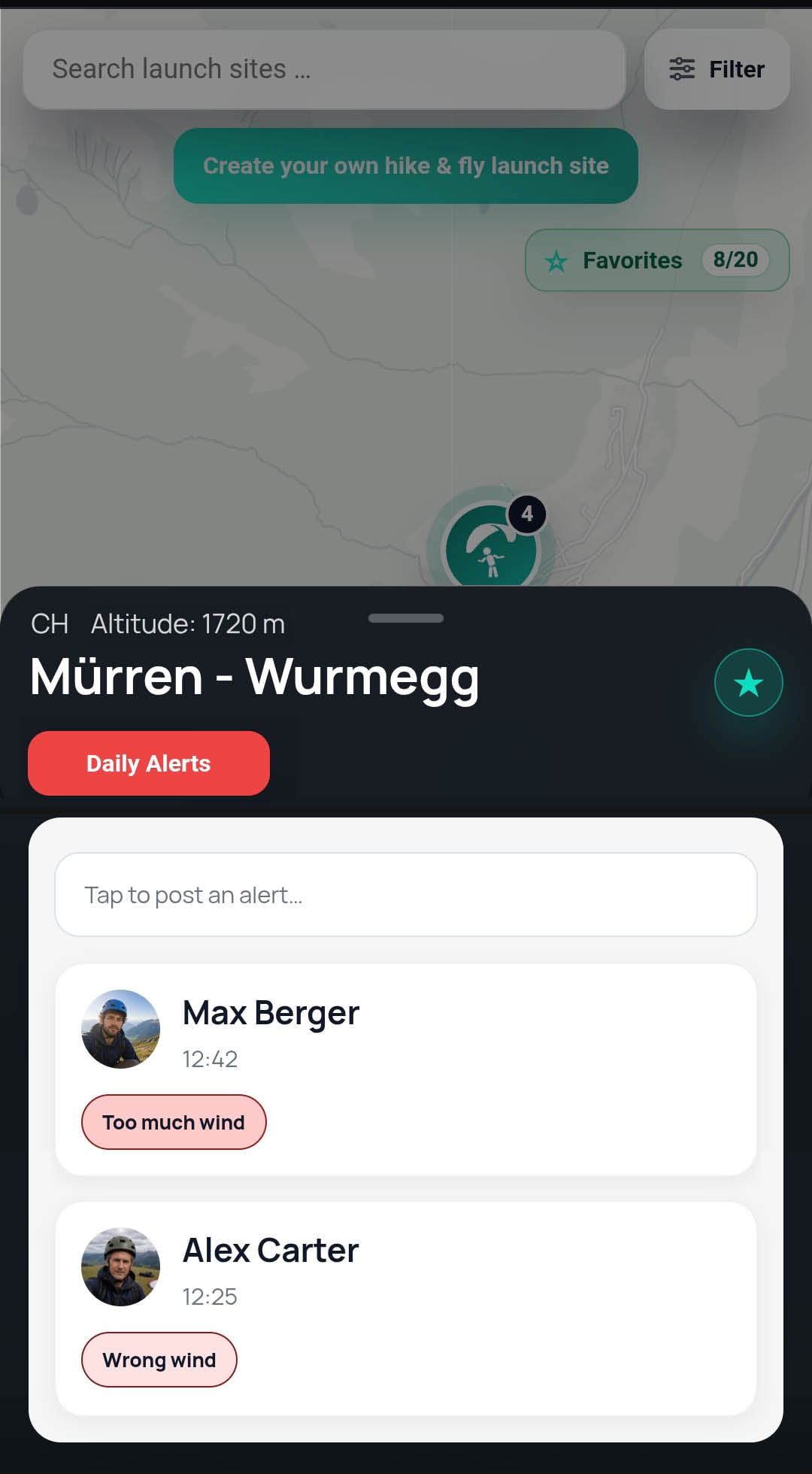 Launch Site Alerts screen of the app