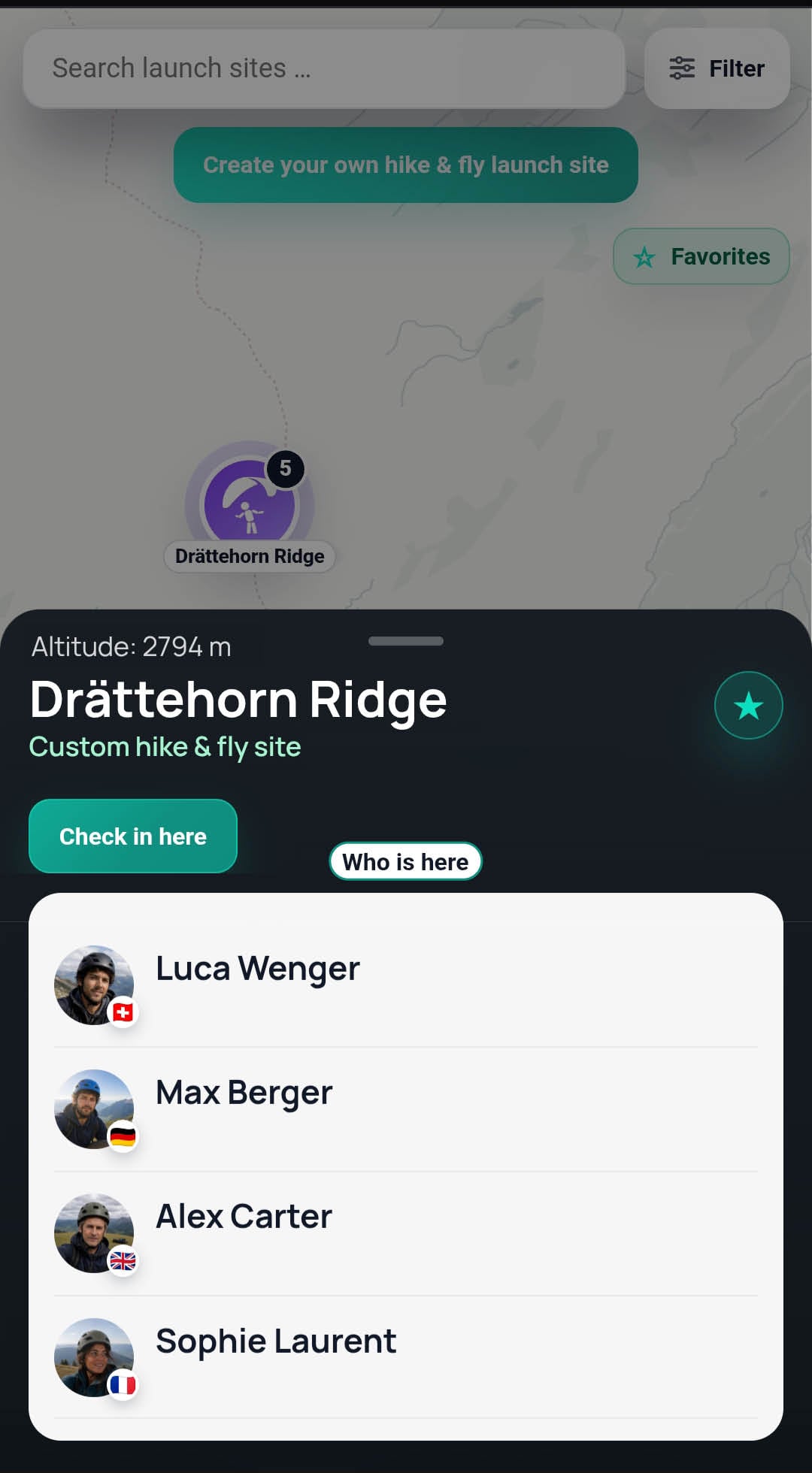 Hike-and-fly Launch Site screen of the app