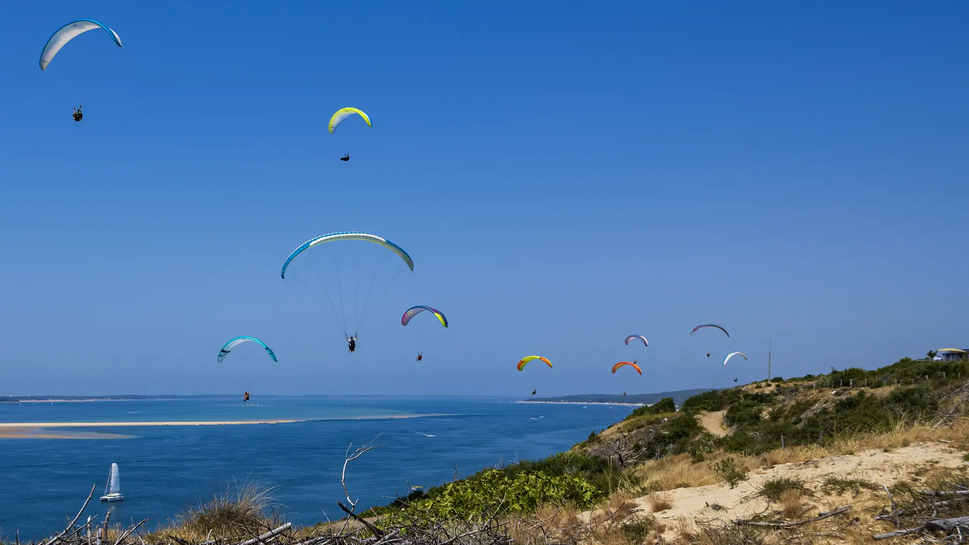 Several paragliders flying along the coast in France